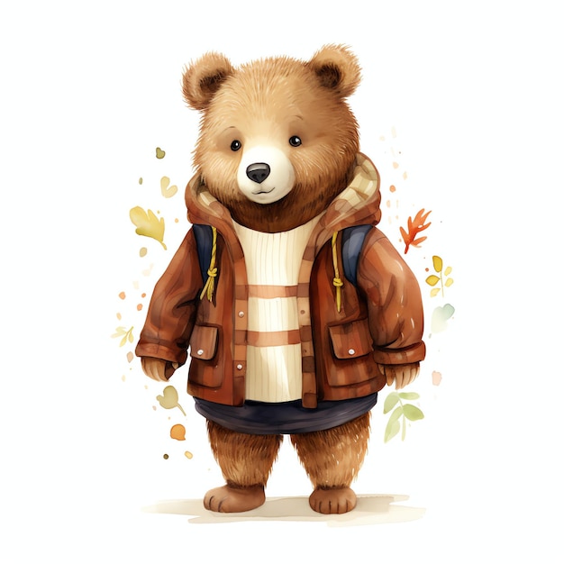 Cute woodland Brown bear with beautiful clothes watercolor style for kids nursery animals wall