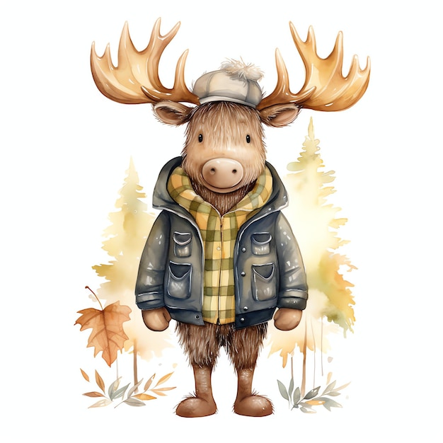 Cute woodland Moose with beautiful clothes watercolor style for kids nursery animals wall art