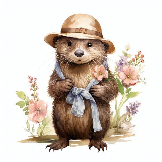 Cute woodland North American river otter with beautiful clothes watercolor style for kids nursery