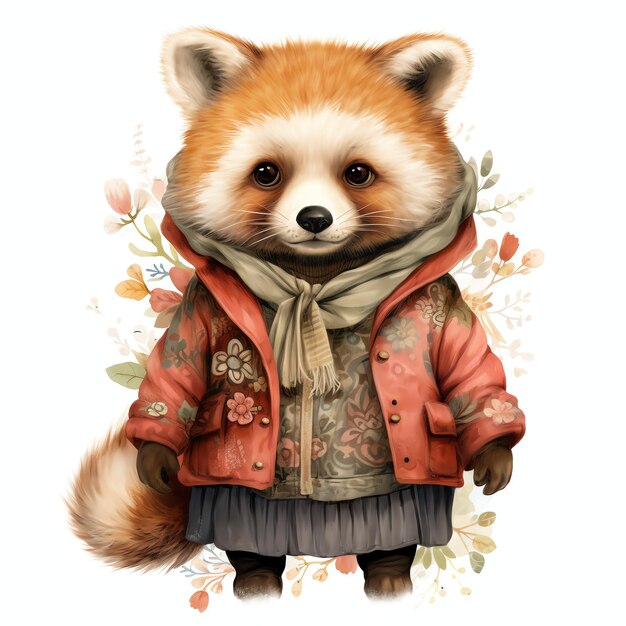 Cute woodland Red panda with beautiful clothes watercolor style for kids nursery animals wall art
