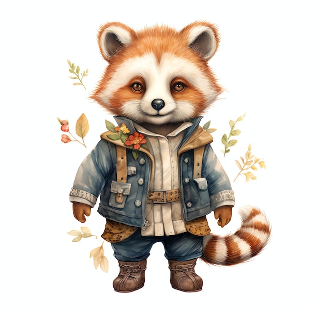 Cute woodland Red panda with beautiful clothes watercolor style for kids nursery animals wall art