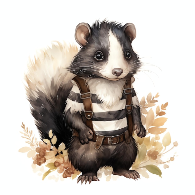 Cute woodland Skunk with beautiful clothes watercolor style for kids nursery animals wall art