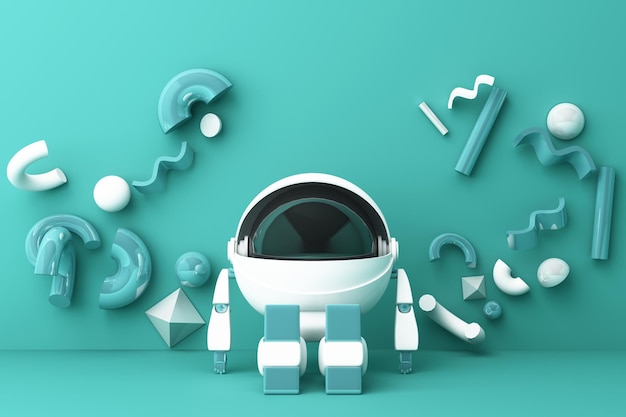 the cute wthie robot is sitting surrounded by geometric objects on green background 3d rendering