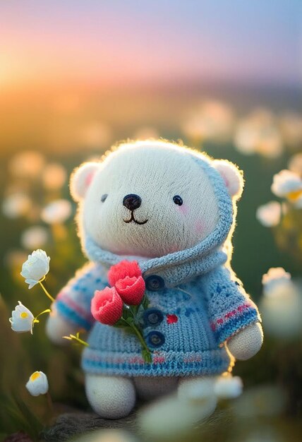 Cute yarn doll teddy bear in field of flower on glowing light Created with Generative AI technology