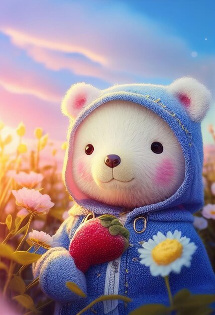 Cute yarn doll teddy bear in field of flower on glowing light Created with Generative AI technology