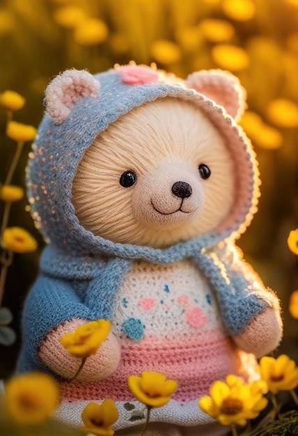 Cute yarn doll teddy bear in field of flower on glowing light Created with Generative AI technology