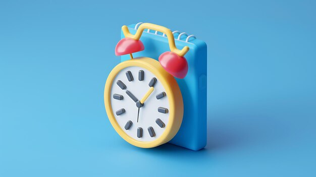 A cute yellow alarm clock is sitting on a blue table The clock has two red bells on top and is surrounded by a blue background