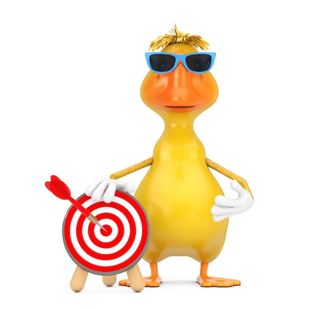 Cute yellow cartoon duck person character mascot with archery\
target and dart in center on a white background. 3d rendering