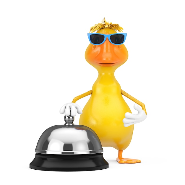 Cute yellow cartoon duck person character mascot with hotel service bell call on a white background. 3d rendering