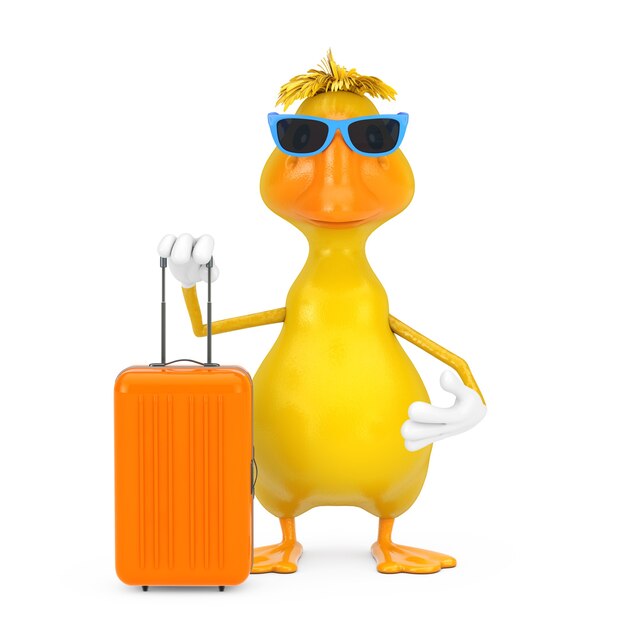 白い背景の上のオレンジ色の旅行スーツケースとかわいい黄色の漫画のアヒルの人のキャラクターのマスコット。 3Dレンダリング