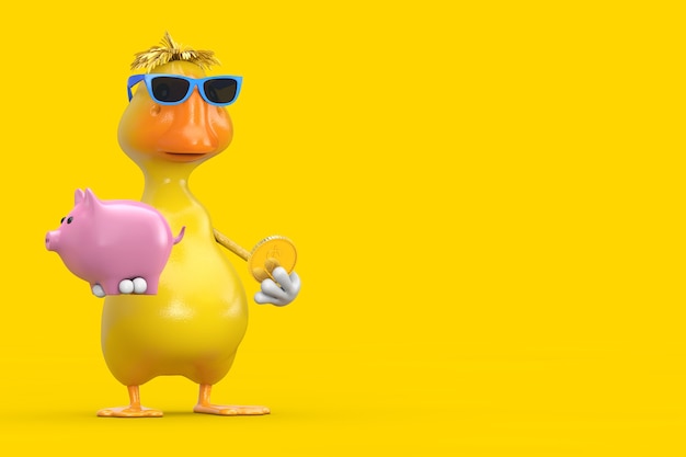 Cute Yellow Cartoon Duck Person Character Mascot with Piggy Bank and Golden Dollar Coin on a yellow background. 3d Rendering