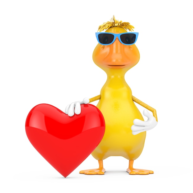 Cute Yellow Cartoon Duck Person Character Mascot with Red Heart on a white background. 3d Rendering