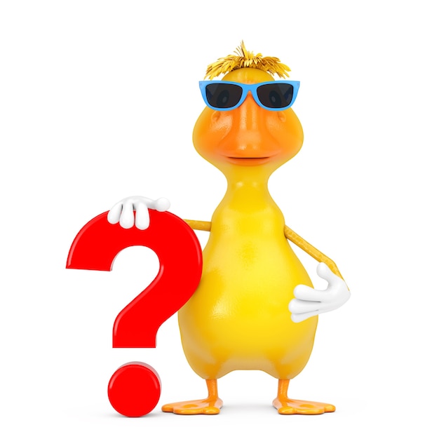 Cute Yellow Cartoon Duck Person Character Mascot with Red Question Mark Sign on a white background. 3d Rendering