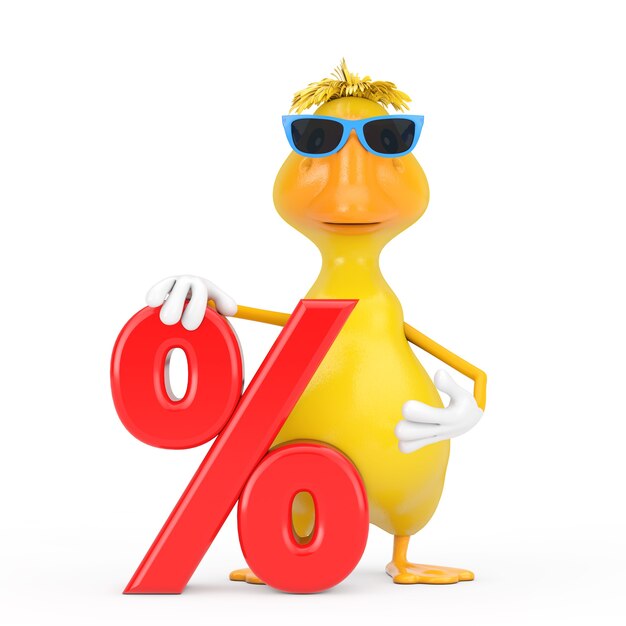 Cute Yellow Cartoon Duck Person Character Mascot with Red Retail Percent Sale or Discount Sign on a white background. 3d Rendering