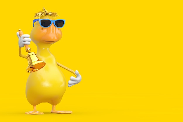 Cute Yellow Cartoon Duck Person Character Mascot with Vintage Golden School Bell on a yellow background. 3d Rendering