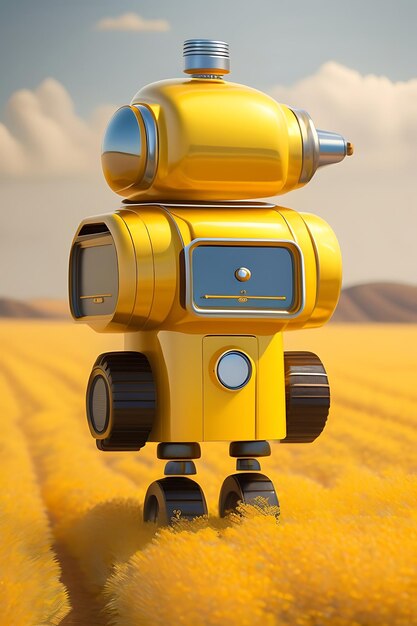 黄色のフィールドにあるかわいい黄色の漫画ロボット素朴な金属製のおもちゃのサイボーグ アンドロイドの友人