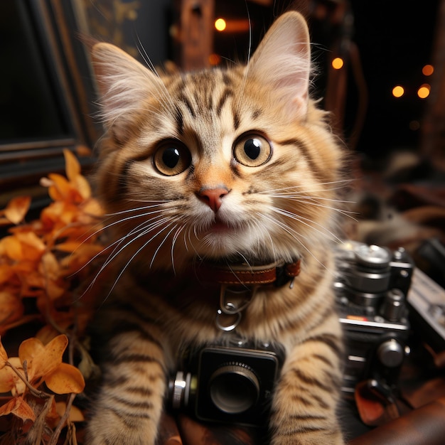 Cute yellow cat as a photographer holding a camera in his paws and smiling