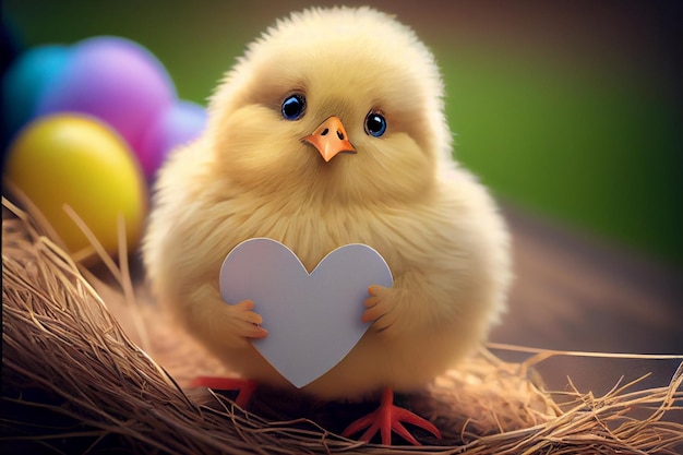 Cute yellow chick near easter eggs