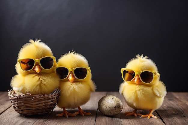 Photo cute yellow chicks in sunglasses easter concept