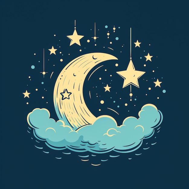 Photo cute yellow half moon sleeping in hat with pompom at night sky with stars sweet baby crescent character in nightcap childish colored vector illustration in flat cartoon style