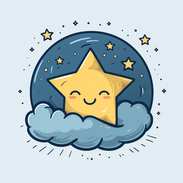 Photo cute yellow half moon sleeping in hat with pompom at night sky with stars sweet baby crescent character in nightcap childish colored vector illustration in flat cartoon style