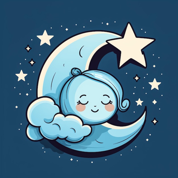 Photo cute yellow half moon sleeping in hat with pompom at night sky with stars sweet baby crescent character in nightcap childish colored vector illustration in flat cartoon style