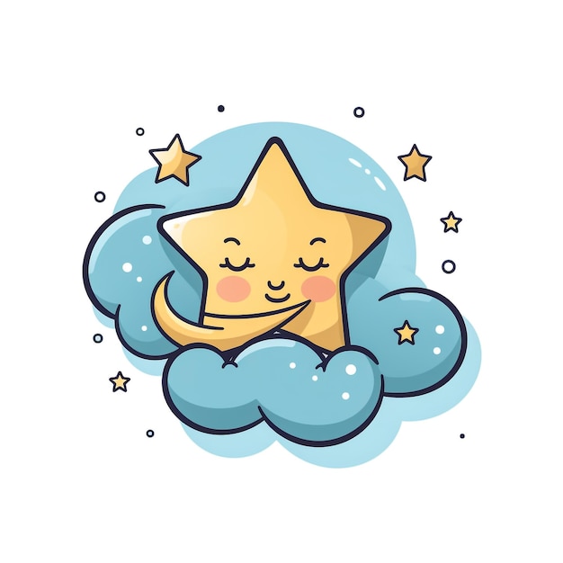 Cute yellow half moon sleeping in hat with pompom at night sky with stars Sweet baby crescent character in nightcap Childish colored vector illustration in flat cartoon style