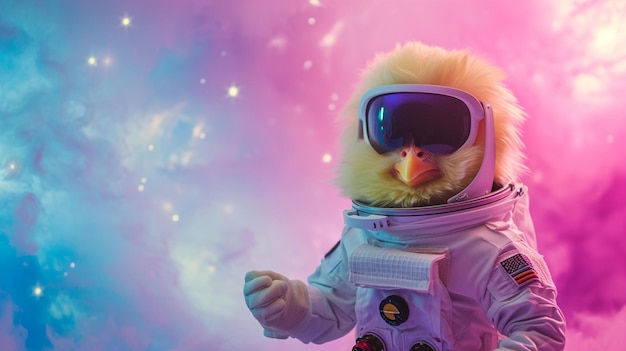 Милая желтая курица в костюме астронавта с солнцезащитными очками в Magical Galaxy Star AI Generative