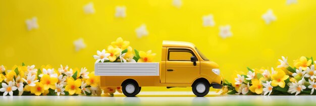 Photo cute yellow toy truck arriving loaded with spring background generated by ai