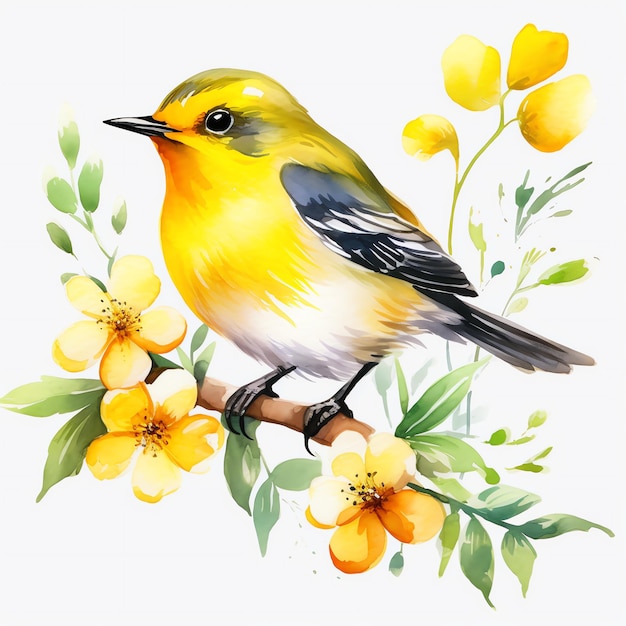 Cute Yellowthroated warbler bird watercolor illustration clipart