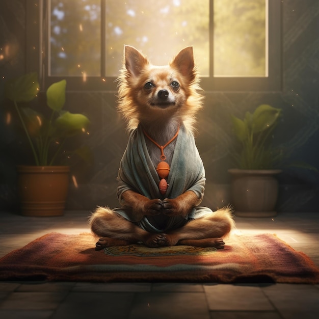 Cute yogi dog doing yoga or meditation