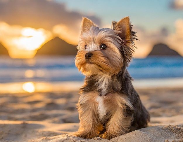 Foto un carino cane dello yorkshire seduto sulla sabbia della spiaggia che guarda lontano