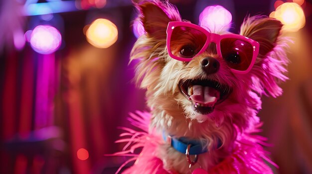 A cute yorkshire terrier dog wearing oversized pink sunglasses and a pink feather boa is sitting in front of a blurry background of pink and purple li