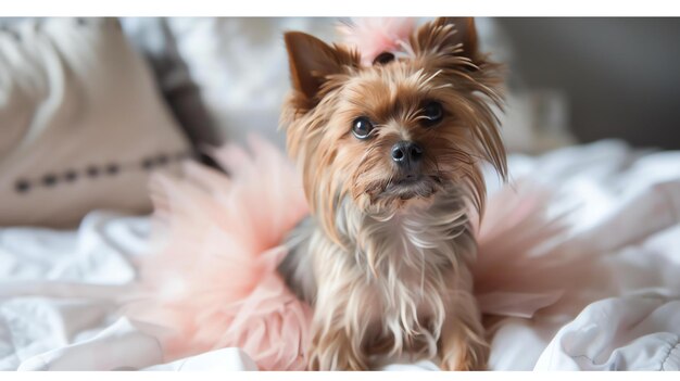 A cute Yorkshire Terrier dog wearing a pink tutu is sitting on a white bedspread