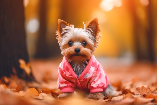 Photo cute yorkshire terrier outdoors in an autumnal park generative ai