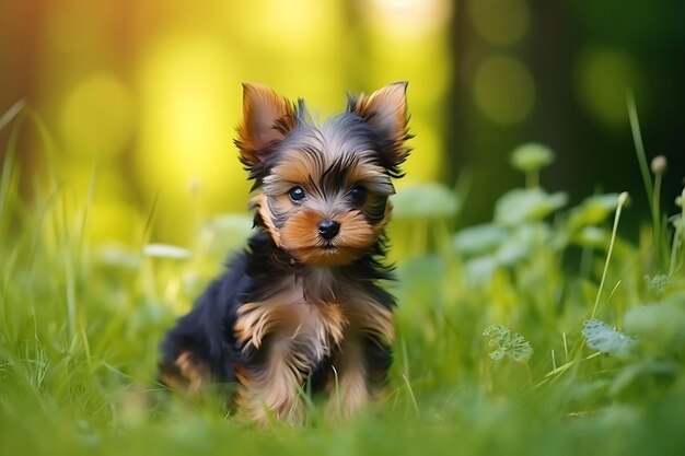 Photo cute yorkshire terrier playing outdoor and copy space