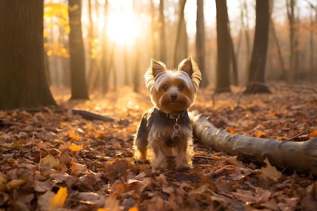 Cute yorkshire terrier playing outdoor and copy space