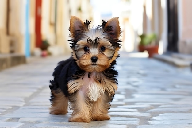 Cute Yorkshire terrier playing outdoor and copy space