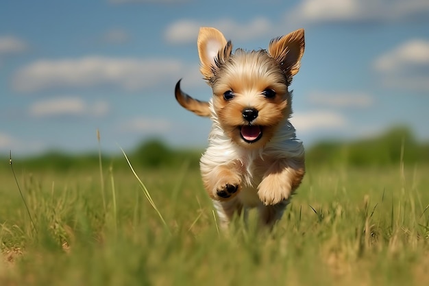 Cute yorkshire terrier playing outdoor and copy space