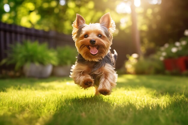 Foto carino yorkshire terrier che gioca all'aperto e copia lo spazio