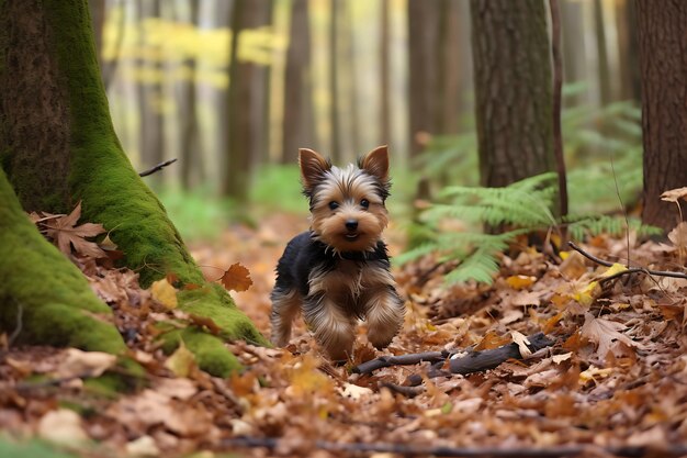 Cute yorkshire terrier playing outdoor and copy space