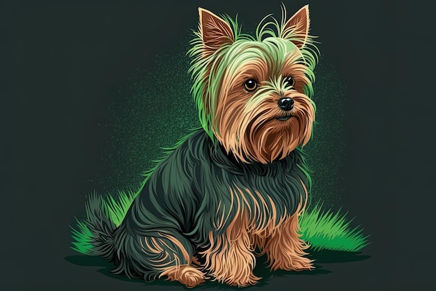 Photo cute yorkshire terrier in a vertical portrait on a green backdrop