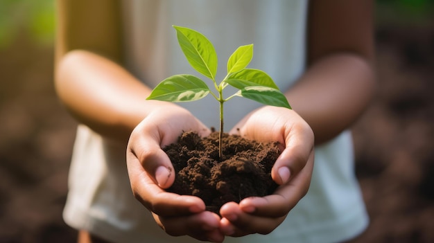 グリーンデー世界環境デーのコンセプトを植えるために若い植物を保持しているかわいいアジアの若い女の子