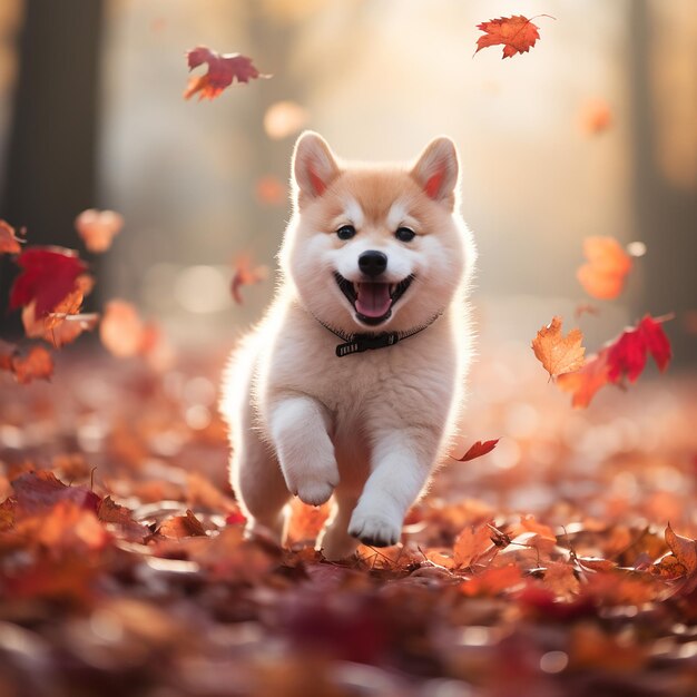 A cute young beige Shiba Inu dog running among the fallen red leaves against the backdrop of a foggy