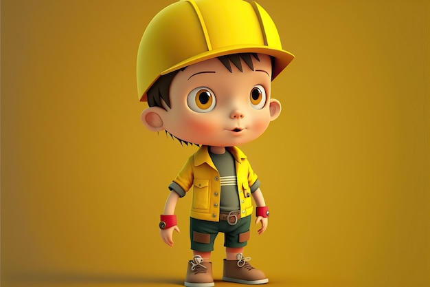 Cute young boy engineer standing on yellow background 3D cartoon style