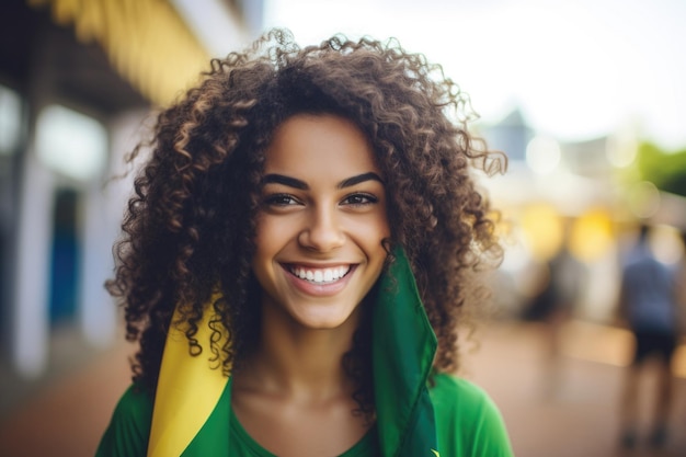 Foto una giovane donna brasiliana carina e una bandiera brasiliana sorridente indipendente dal brasile