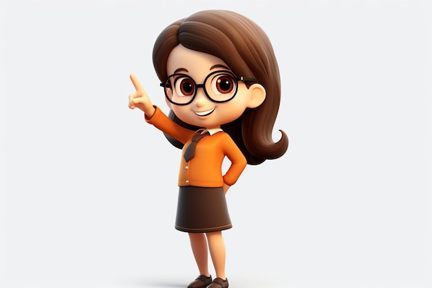 cute young businesswoman standing and pointing fingers up having great idea 3d illustration cartoon