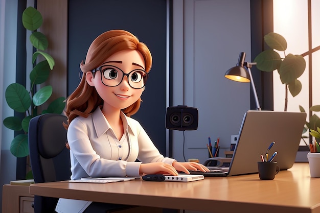 Cute young businesswoman working with laptop video conference online communication 3d illustration cartoon character