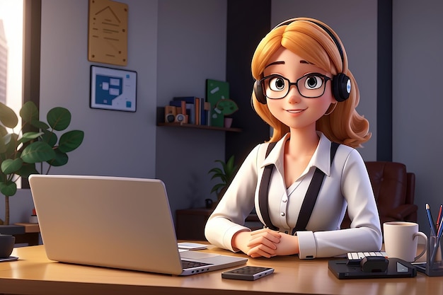 Симпатичная молодая деловая женщина, работающая с ноутбуком, видеоконференция, онлайн-общение, 3d иллюстрация, персонаж мультфильма