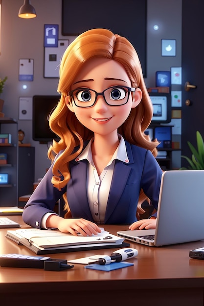Симпатичная молодая деловая женщина, работающая с ноутбуком, просмотр отчета об анализе рынка, 3D иллюстрация, персонаж мультфильма